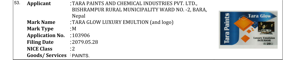 Original bulletin entry for TARA GLOW LUXURY EMULTION (and logo)