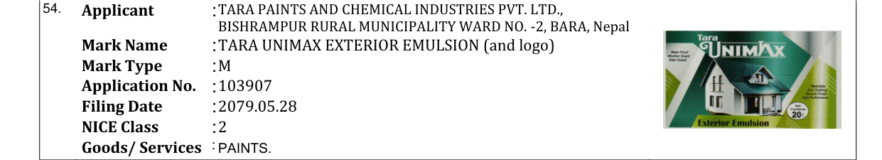 Original bulletin entry for TARA UNIMAX EXTERIOR EMULSION (and logo)