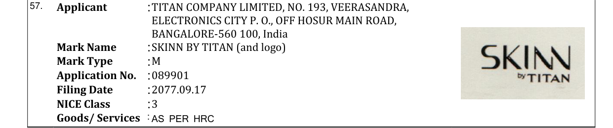 Original bulletin entry for SKINN BY TITAN (and logo)