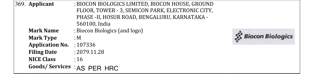 Original bulletin entry for Biocon Biologics (and logo)