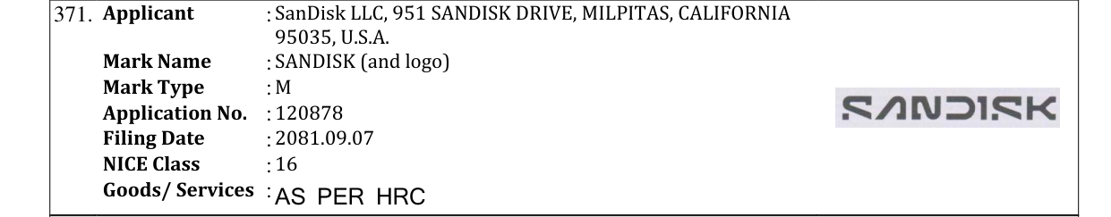 Original bulletin entry for SANDISK (and logo)