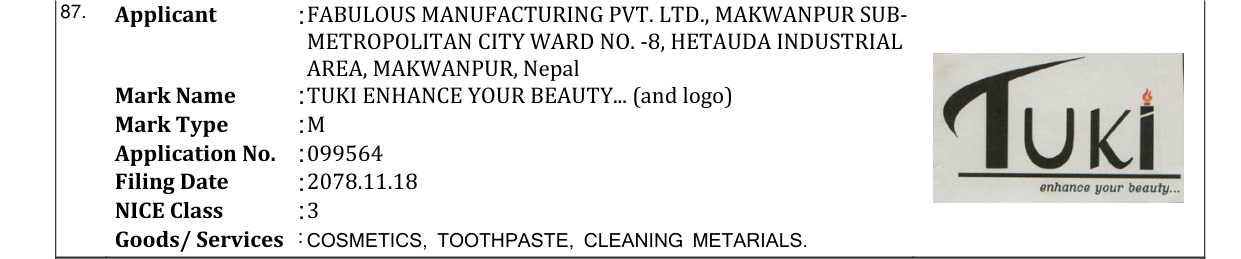 Original bulletin entry for TUKI ENHANCE YOUR BEAUTY... (and logo)