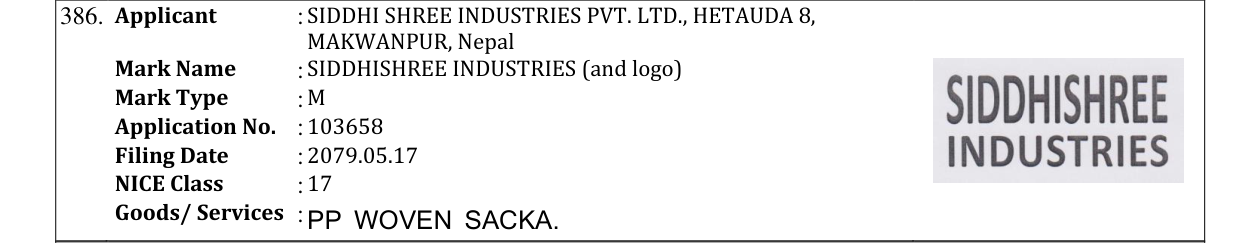 Original bulletin entry for SIDDHISHREE INDUSTRIES (and logo)