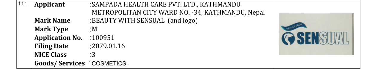 Original bulletin entry for BEAUTY WITH SENSUAL (and logo)