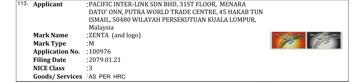 Original bulletin entry for ZENTA (and logo)