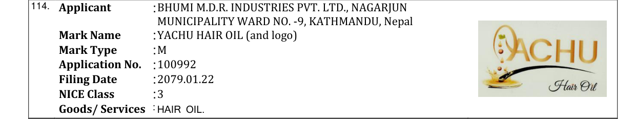 Original bulletin entry for YACHU HAIR OIL (and logo)