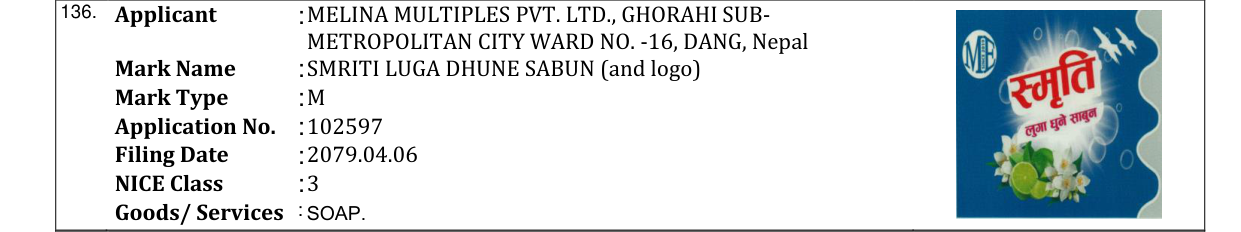 Original bulletin entry for SMRITI LUGA DHUNE SABUN (and logo)