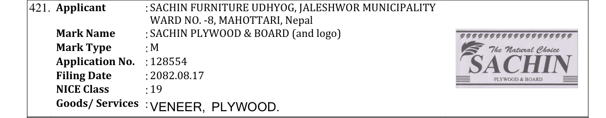 Original bulletin entry for SACHIN PLYWOOD & BOARD (and logo)