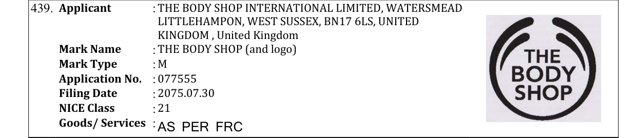 Original bulletin entry for THE BODY SHOP (and logo)