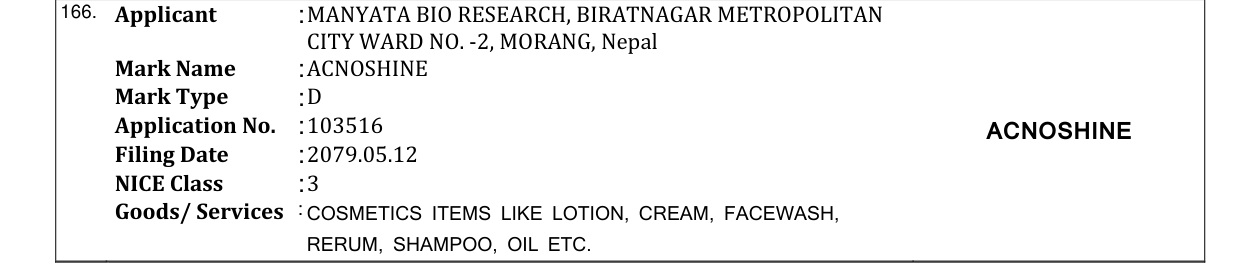 Original bulletin entry for ACNOSHINE