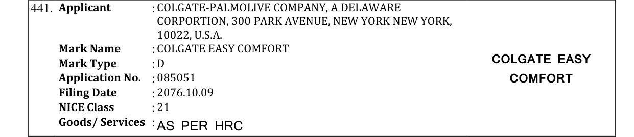 Original bulletin entry for COLGATE EASY COMFORT