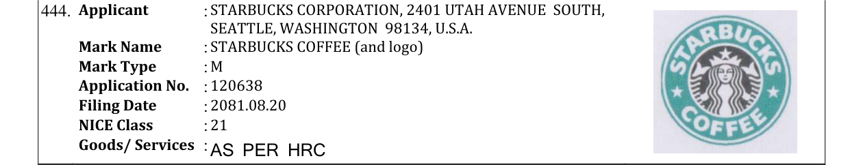 Original bulletin entry for STARBUCKS COFFEE (and logo)