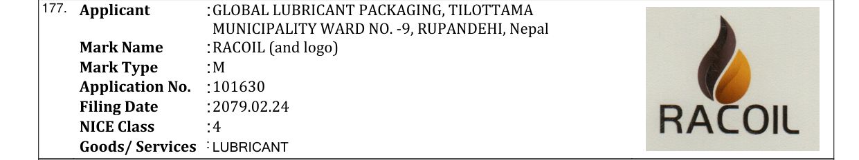Original bulletin entry for RACOIL (and logo)