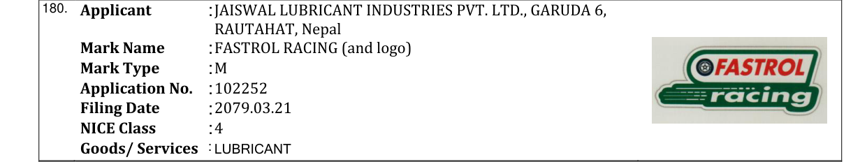 Original bulletin entry for FASTROL RACING (and logo)