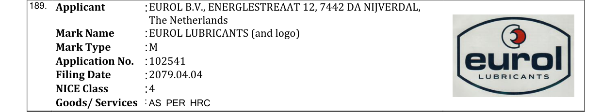 Original bulletin entry for EUROL LUBRICANTS (and logo)