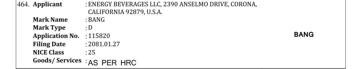 Original bulletin entry for BANG