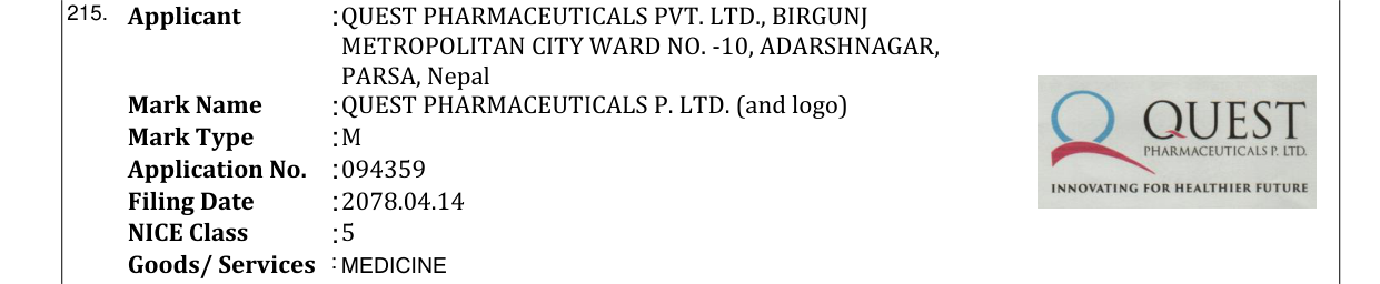 Original bulletin entry for QUEST PHARMACEUTICALS P. LTD. (and logo)