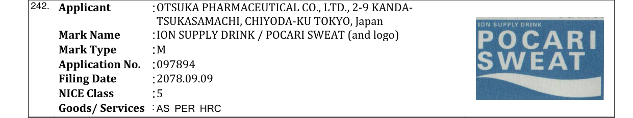 Original bulletin entry for ION SUPPLY DRINK / POCARI SWEAT (and logo)