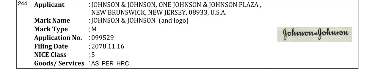 Original bulletin entry for JOHNSON & JOHNSON (and logo)