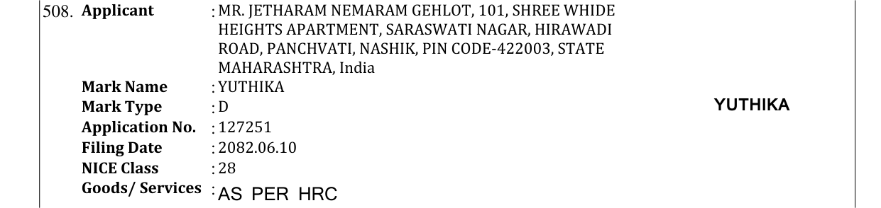 Original bulletin entry for YUTHIKA