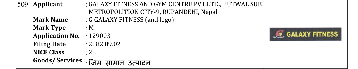 Original bulletin entry for G GALAXY FITNESS (and logo)