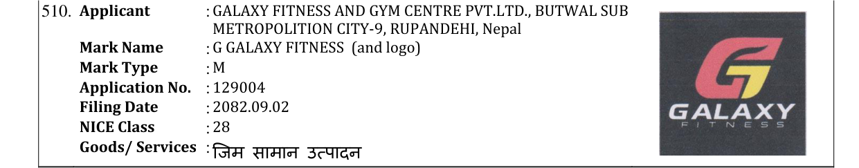 Original bulletin entry for G GALAXY FITNESS (and logo)