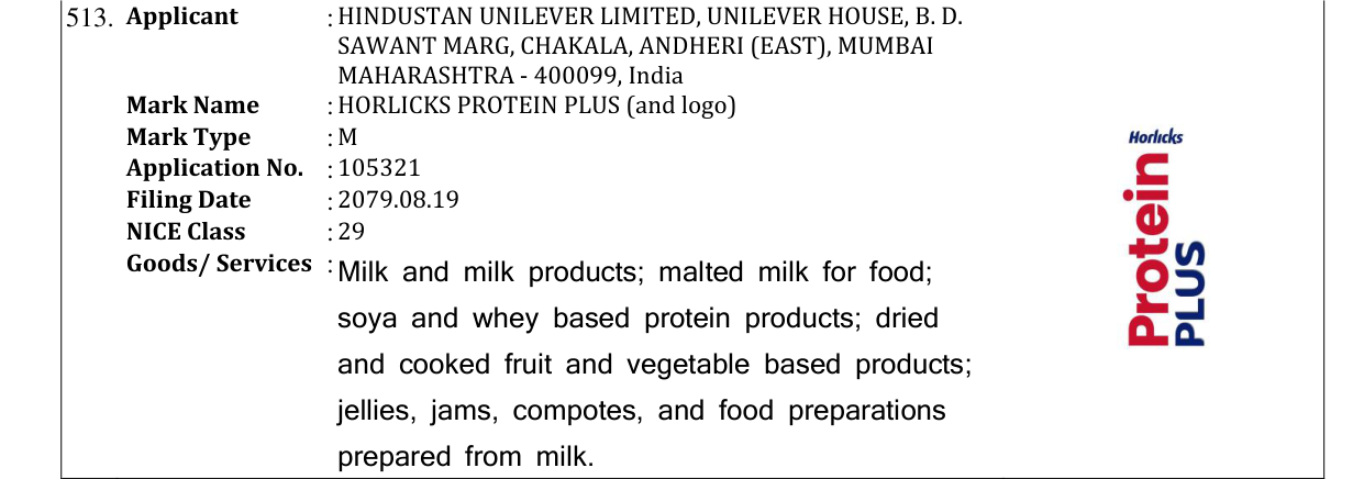 Original bulletin entry for HORLICKS PROTEIN PLUS (and logo)