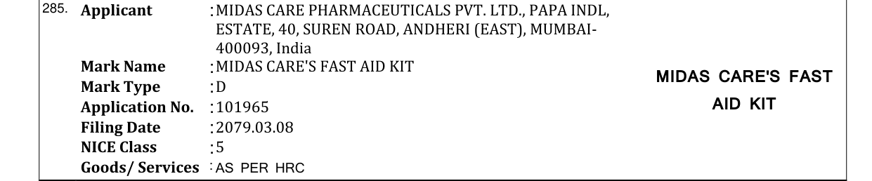 Original bulletin entry for MIDAS CARE'S FAST AID KIT MIDAS CARE'S FAST