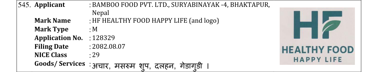 Original bulletin entry for HF HEALTHY FOOD HAPPY LIFE (and logo)