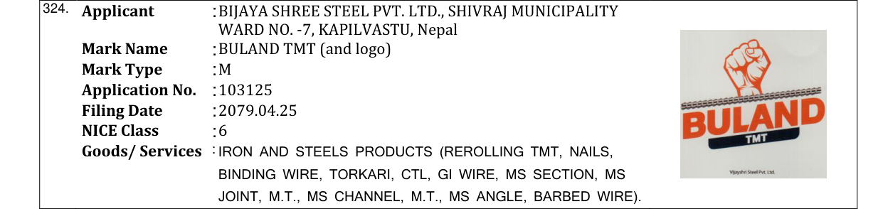 Original bulletin entry for BULAND TMT (and logo)