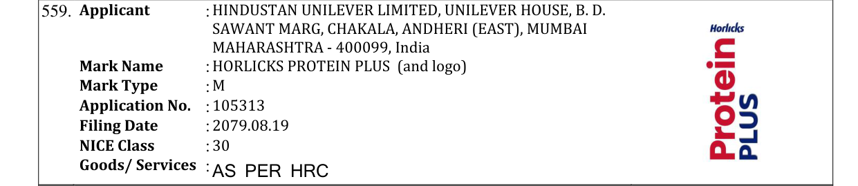 Original bulletin entry for HORLICKS PROTEIN PLUS (and logo)
