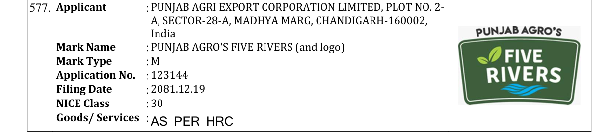 Original bulletin entry for PUNJAB AGRO'S FIVE RIVERS (and logo)
