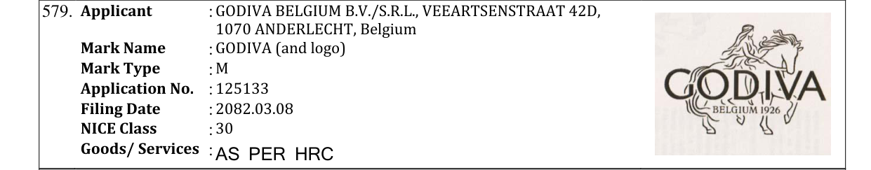 Original bulletin entry for GODIVA (and logo)