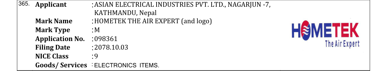 Original bulletin entry for HOMETEK THE AIR EXPERT (and logo)