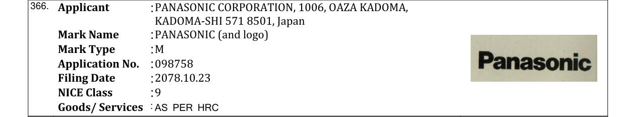 Original bulletin entry for PANASONIC (and logo)