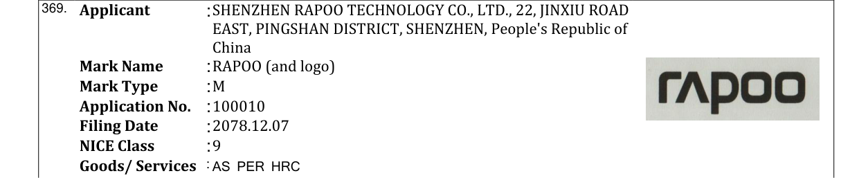 Original bulletin entry for RAPOO (and logo)