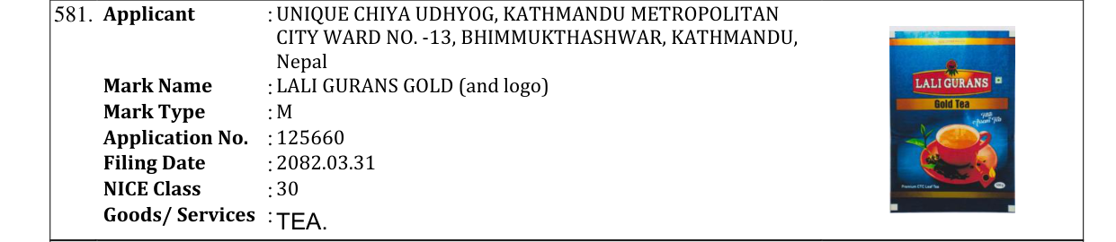 Original bulletin entry for LALI GURANS GOLD (and logo)