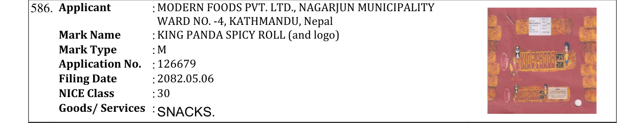 Original bulletin entry for KING PANDA SPICY ROLL (and logo)
