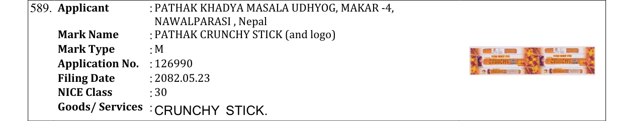 Original bulletin entry for PATHAK CRUNCHY STICK (and logo)