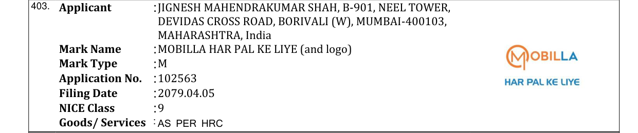 Original bulletin entry for MOBILLA HAR PAL KE LIYE (and logo)