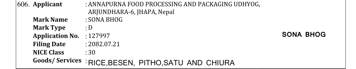 Original bulletin entry for SONA BHOG