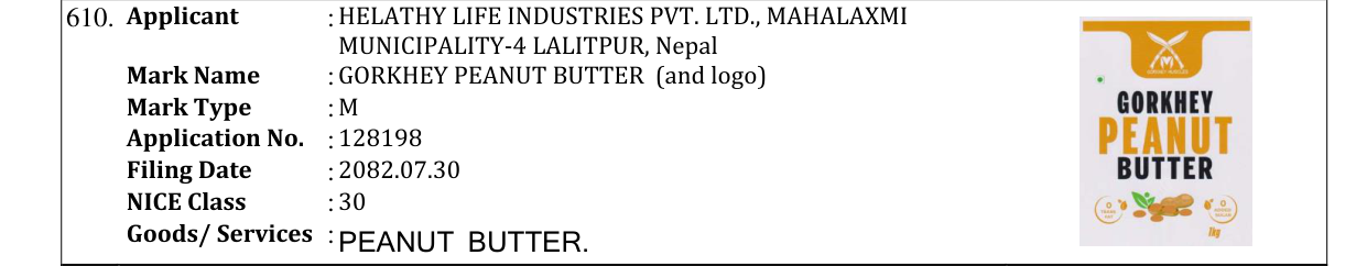 Original bulletin entry for GORKHEY PEANUT BUTTER (and logo)