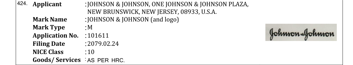 Original bulletin entry for JOHNSON & JOHNSON (and logo)