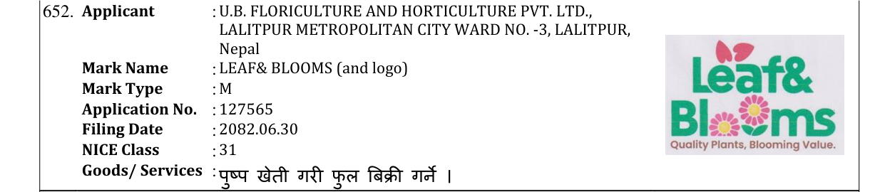 Original bulletin entry for LEAF& BLOOMS (and logo)