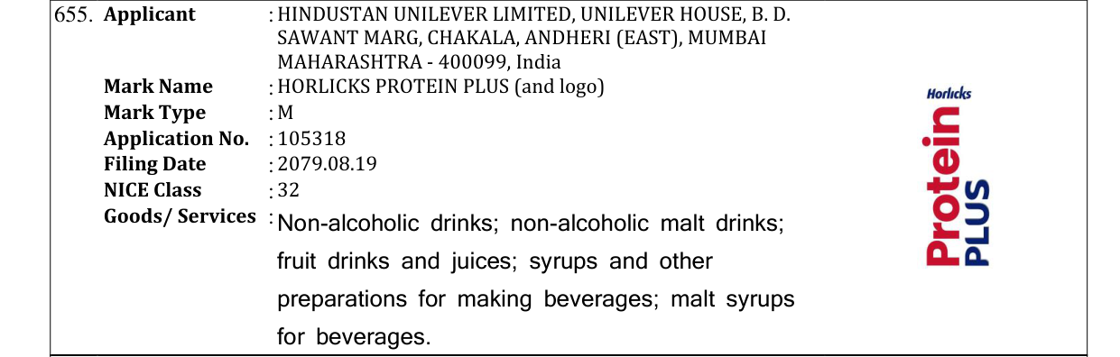 Original bulletin entry for HORLICKS PROTEIN PLUS (and logo)