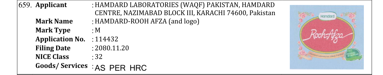 Original bulletin entry for HAMDARD-ROOH AFZA (and logo)