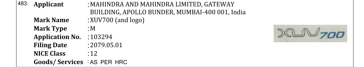 Original bulletin entry for XUV700 (and logo)