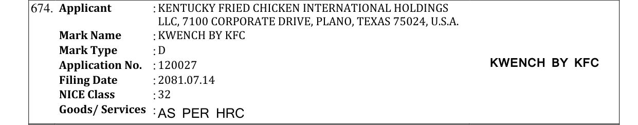 Original bulletin entry for KWENCH BY KFC
