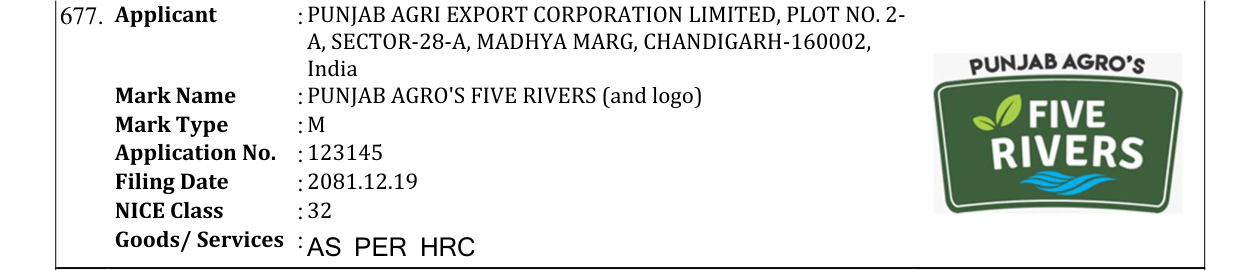 Original bulletin entry for PUNJAB AGRO'S FIVE RIVERS (and logo)