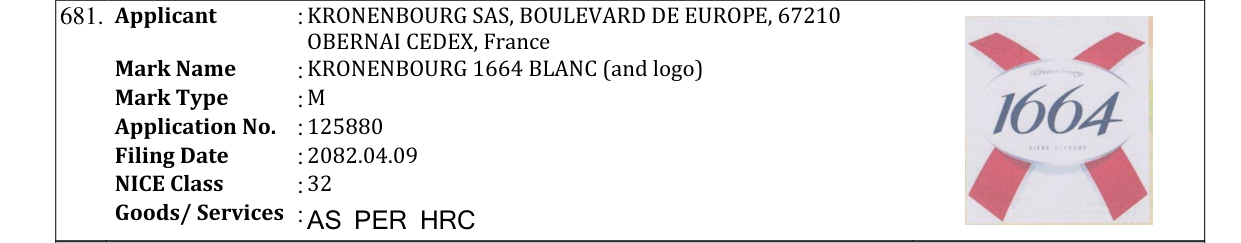 Original bulletin entry for KRONENBOURG 1664 BLANC (and logo)